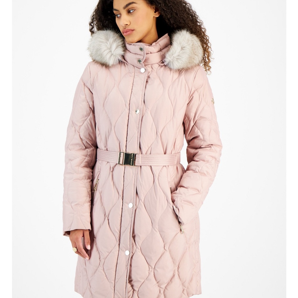 KORS Michael Kors Soft Blush Pink Puffer Coat with Faux Fur Trim